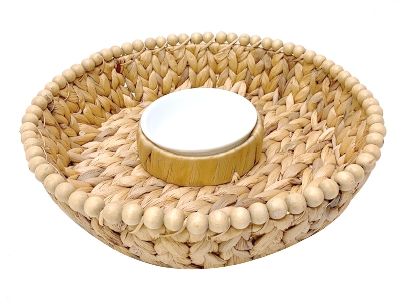 Bespoke Water Hyacinth Dip and Chip Tray with Wooden Beads - Eco-friendly Serving Ware